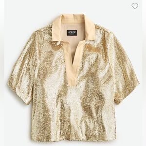 NWT J. Crew S/S Sequined Polo collar, Size S, Gold (Lt Khaki)